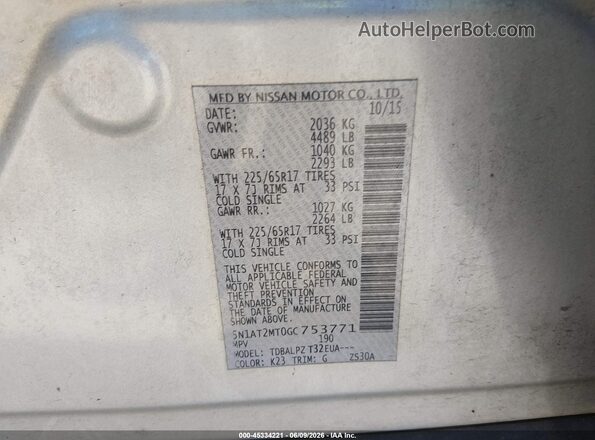 5N1AT2MT0GC753771 2016 NISSAN ROGUE Silver ძრავის განყოფილების ხედი