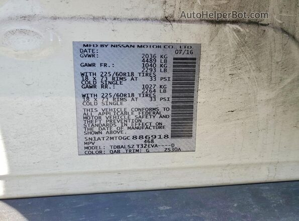 5N1AT2MT0GC886918 2016 NISSAN ROGUE White 