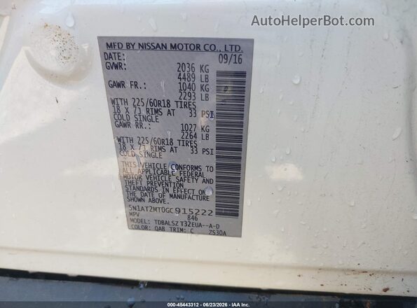 5N1AT2MT0GC915222 2016 NISSAN ROGUE White Engine compartment view