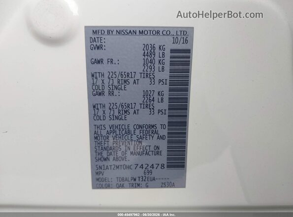 5N1AT2MT0HC742478 2017 NISSAN ROGUE White Vista del compartimento del motor
