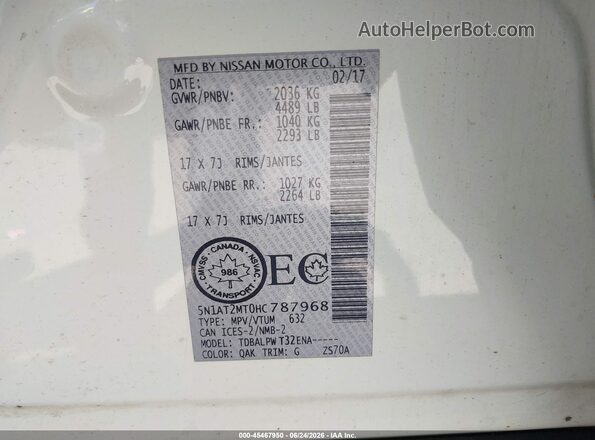 5N1AT2MT0HC787968 2017 NISSAN ROGUE White Widok komory silnika