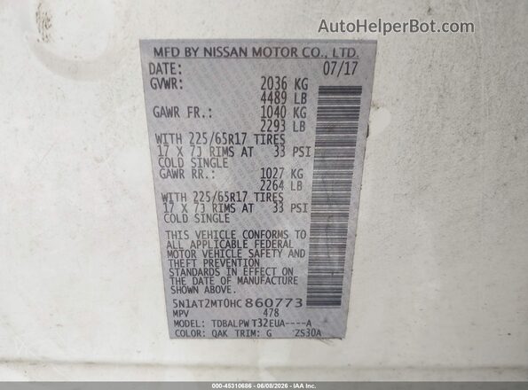 5N1AT2MT0HC860773 2017 NISSAN ROGUE White Շարժիչի բաժամունքի տեսք