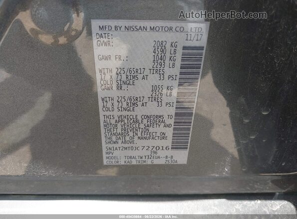 5N1AT2MT0JC727016 2018 NISSAN ROGUE Gray Vista del compartimento del motor
