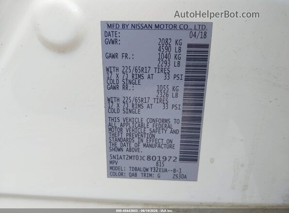 5N1AT2MT0JC801972 2018 NISSAN ROGUE White ძრავის განყოფილების ხედი