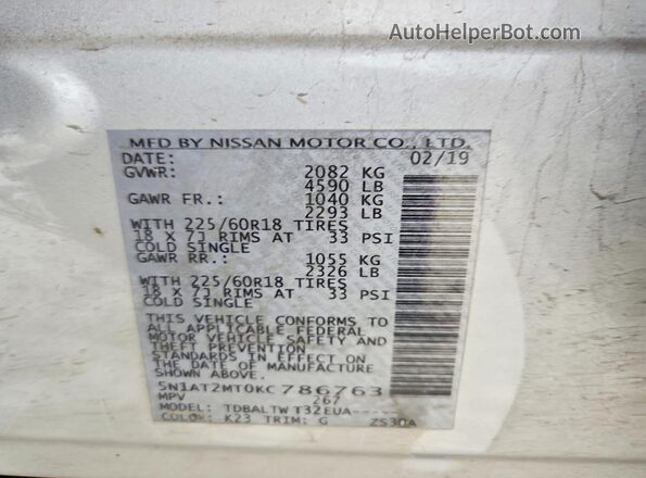5N1AT2MT0KC786763 2019 NISSAN ROGUE Silver VIN sticker view