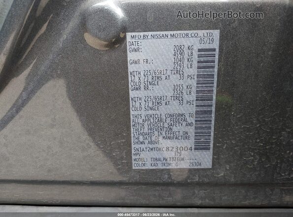 5N1AT2MT0KC823004 2019 NISSAN ROGUE Gray Widok komory silnika