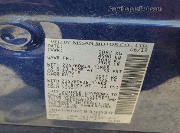 5N1AT2MT0KC839039 2019 NISSAN ROGUE Blue VIN sticker view