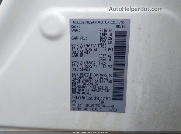5N1AT2MT1GC892761 2016 NISSAN ROGUE White Widok komory silnika