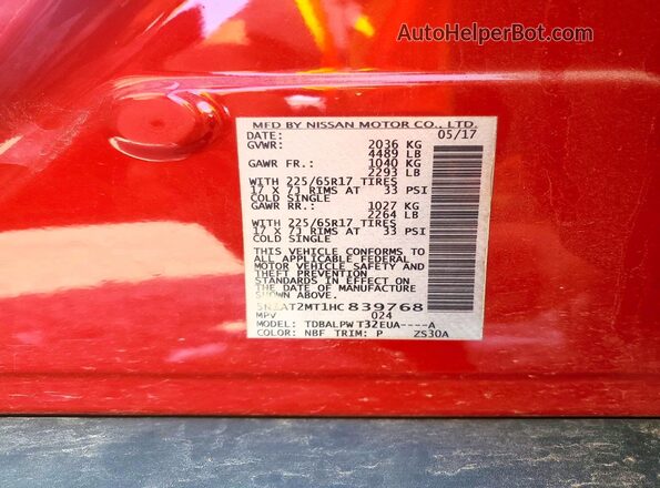 5N1AT2MT1HC839768 2017 NISSAN ROGUE Red VIN კოდის სტიკერის ხედი