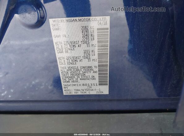 5N1AT2MT1JC801351 2018 NISSAN ROGUE Blue Vista del compartimento del motor