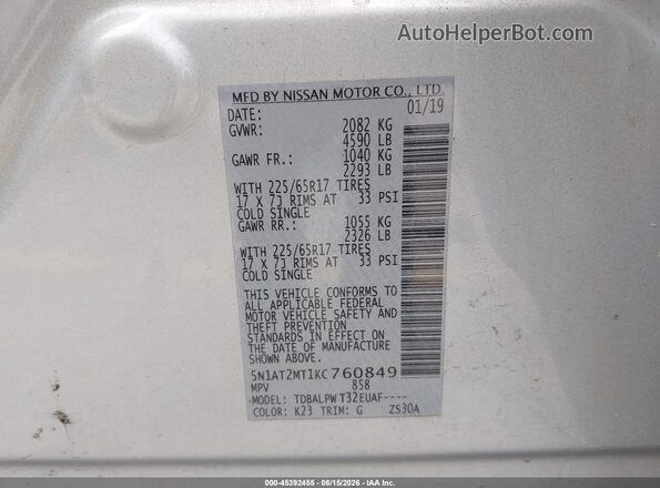5N1AT2MT1KC760849 2019 NISSAN ROGUE Silver 