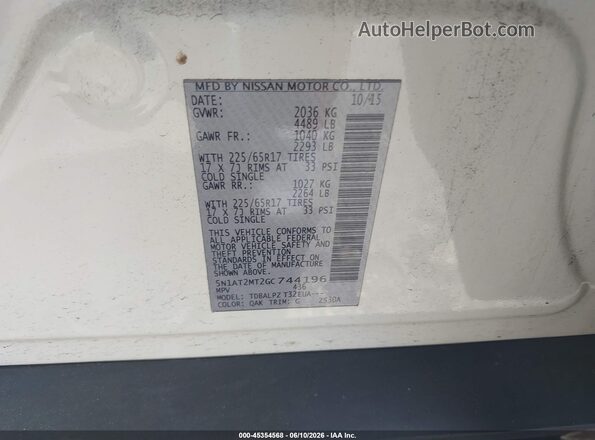 5N1AT2MT2GC744196 2016 NISSAN ROGUE White Вид підкапотного простору