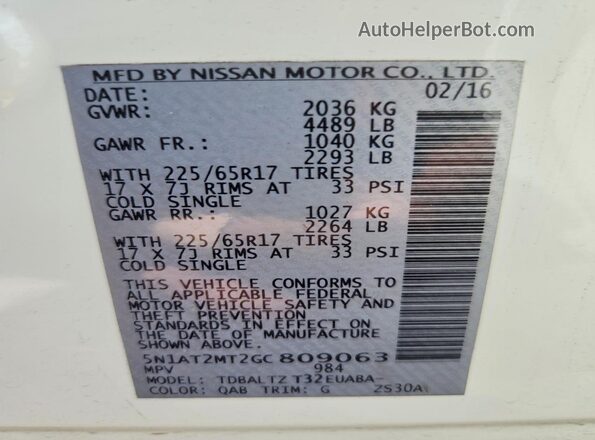 5N1AT2MT2GC809063 2016 NISSAN ROGUE White Vista de la etiqueta del VIN