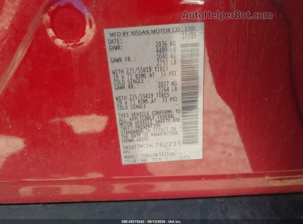 5N1AT2MT2HC762215 2017 NISSAN ROGUE Red Vista del compartimento del motor