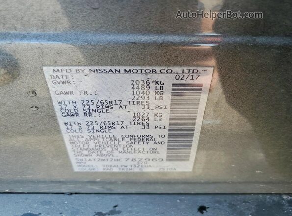 5N1AT2MT2HC787969 2017 NISSAN ROGUE Gray Вид наклейки з VIN-кодом