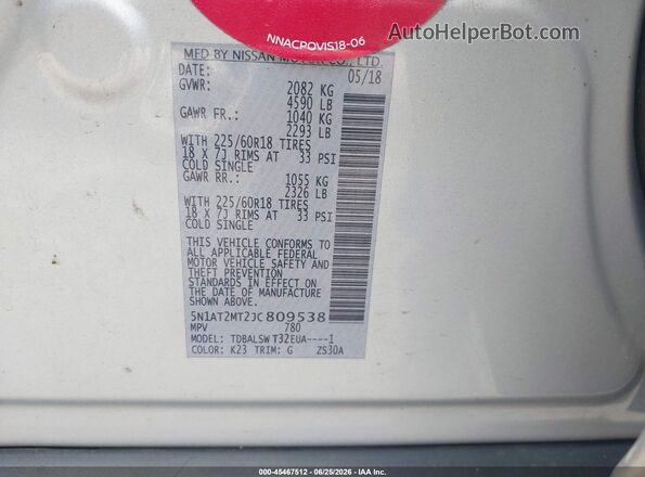 5N1AT2MT2JC809538 2018 NISSAN ROGUE Silver Вид підкапотного простору