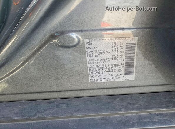 5N1AT2MT2KC767194 2019 NISSAN ROGUE Gray VIN sticker view