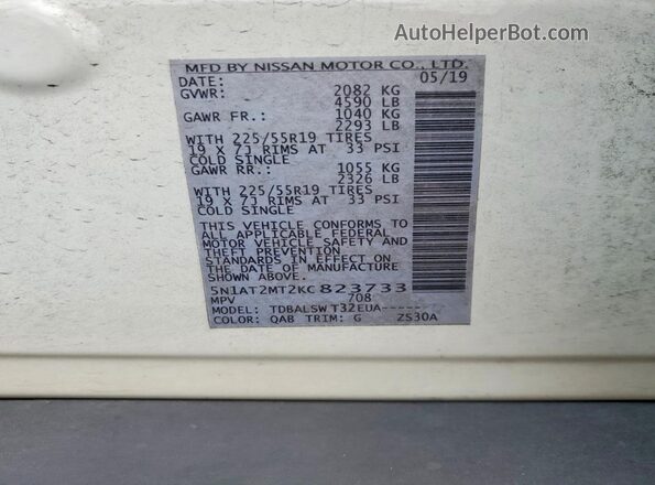 5N1AT2MT2KC823733 2019 NISSAN ROGUE White VIN sticker view