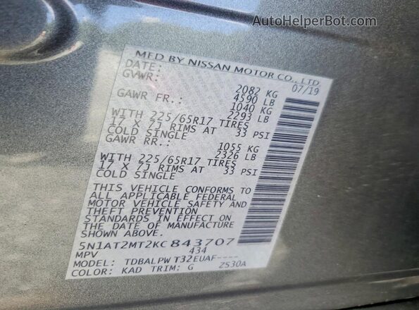 5N1AT2MT2KC843707 2019 NISSAN ROGUE Gray 
