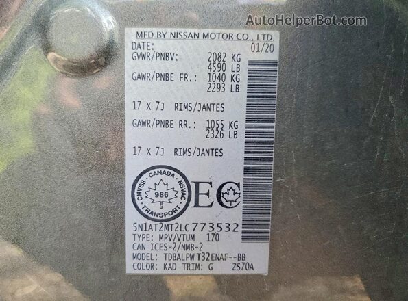 5N1AT2MT2LC773532 2020 NISSAN ROGUE Gray 
