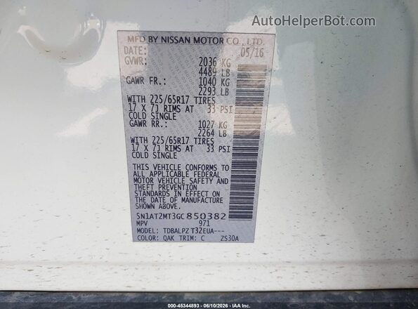5N1AT2MT3GC850382 2016 NISSAN ROGUE White Vista del compartimento del motor