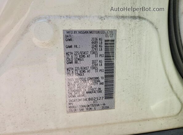 5N1AT2MT3HC802527 2017 NISSAN ROGUE White VIN კოდის სტიკერის ხედი