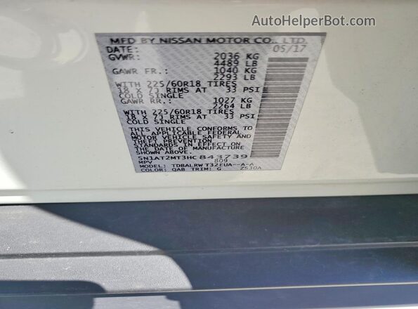 5N1AT2MT3HC843739 2017 NISSAN ROGUE White VIN sticker view