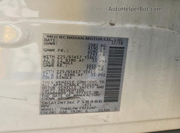 5N1AT2MT3KC758486 2019 NISSAN ROGUE White 