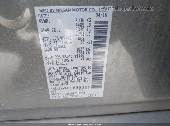 5N1AT2MT4GC838399 2016 NISSAN ROGUE Gray Engine compartment view