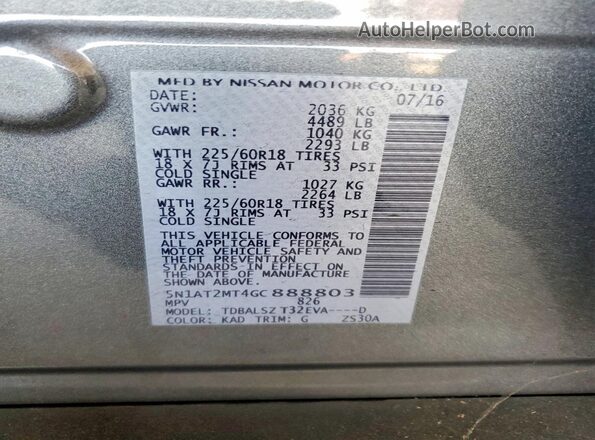 5N1AT2MT4GC888803 2016 NISSAN ROGUE Gray 
