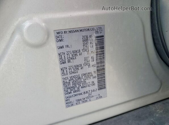 5N1AT2MT4HC887362 2017 NISSAN ROGUE Silver VIN կոդի պիտակի տեսք
