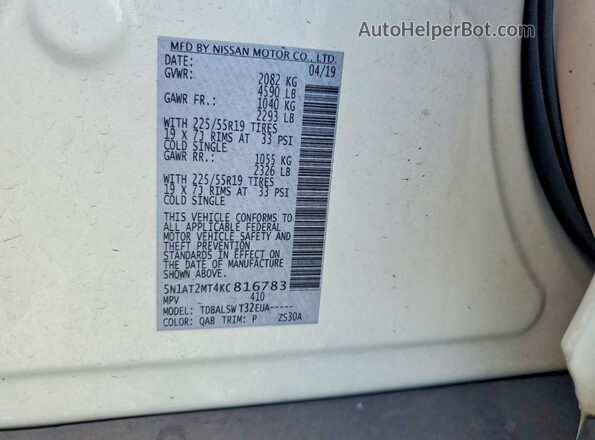 5N1AT2MT4KC816783 2019 NISSAN ROGUE White 