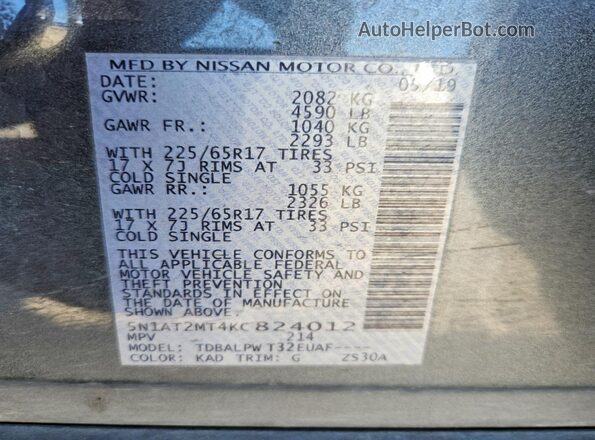 5N1AT2MT4KC824012 2019 NISSAN ROGUE Gray VIN կոդի պիտակի տեսք