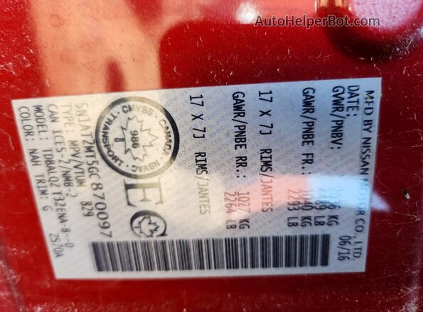 5N1AT2MT5GC870097 2016 NISSAN ROGUE Red 