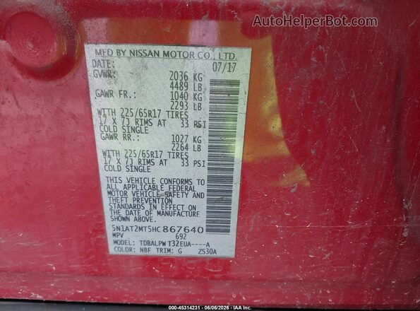 5N1AT2MT5HC867640 2017 NISSAN ROGUE Red Շարժիչի բաժամունքի տեսք