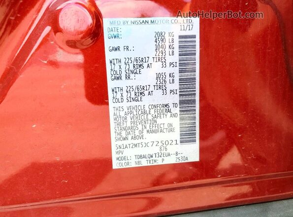 5N1AT2MT5JC725021 2018 NISSAN ROGUE Red 