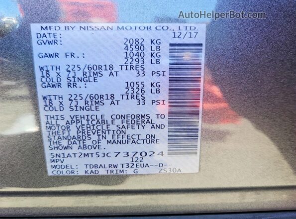 5N1AT2MT5JC737024 2018 NISSAN ROGUE Gray Widok naklejki z numerem VIN