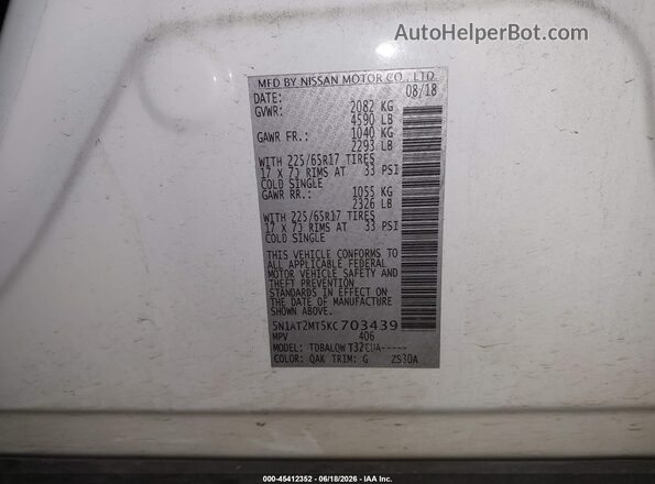 5N1AT2MT5KC703439 2019 NISSAN ROGUE Белый Вид подкапотного пространства