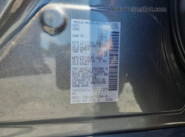 5N1AT2MT5KC772227 2019 NISSAN ROGUE Gray 360 interior view