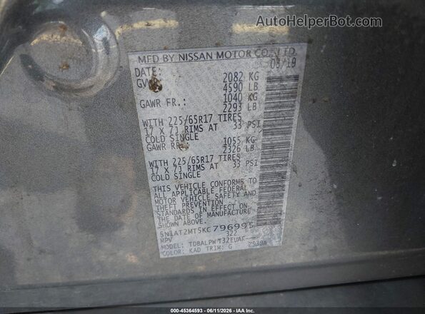 5N1AT2MT5KC796995 2019 NISSAN ROGUE Gray Vista del compartimento del motor