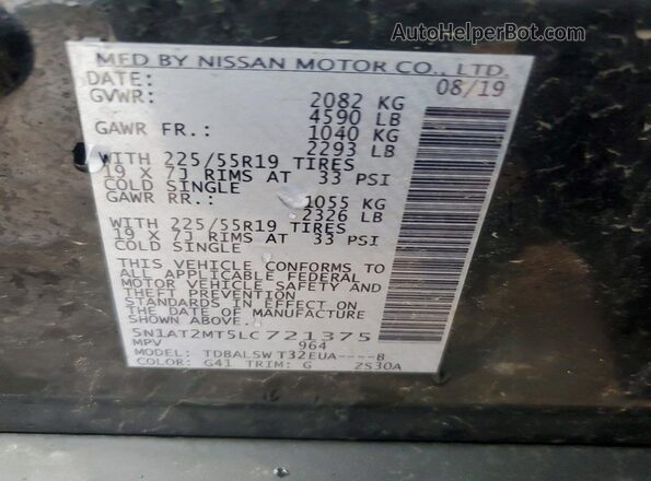 5N1AT2MT5LC721375 2020 NISSAN ROGUE Black Vista de la etiqueta del VIN