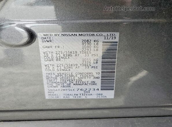 5N1AT2MT5LC762234 2020 NISSAN ROGUE Gray VIN կոդի պիտակի տեսք