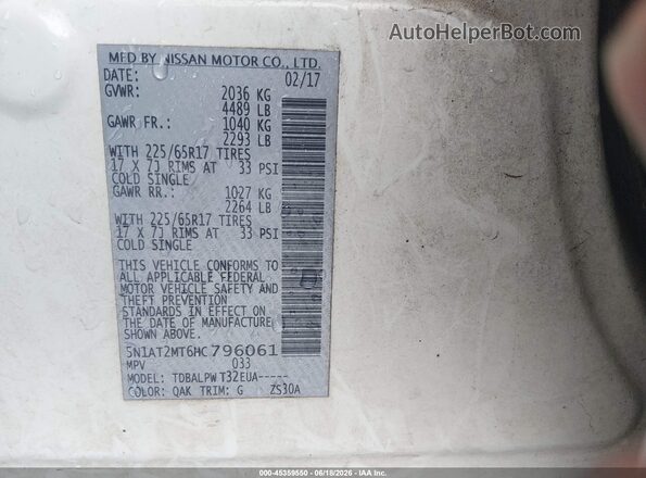 5N1AT2MT6HC796061 2017 NISSAN ROGUE White Շարժիչի բաժամունքի տեսք