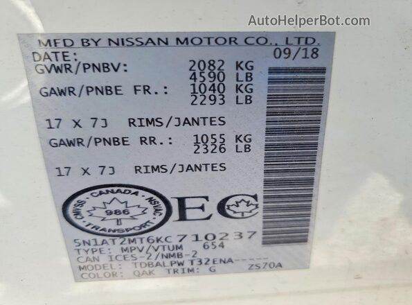 5N1AT2MT6KC710237 2019 NISSAN ROGUE White 