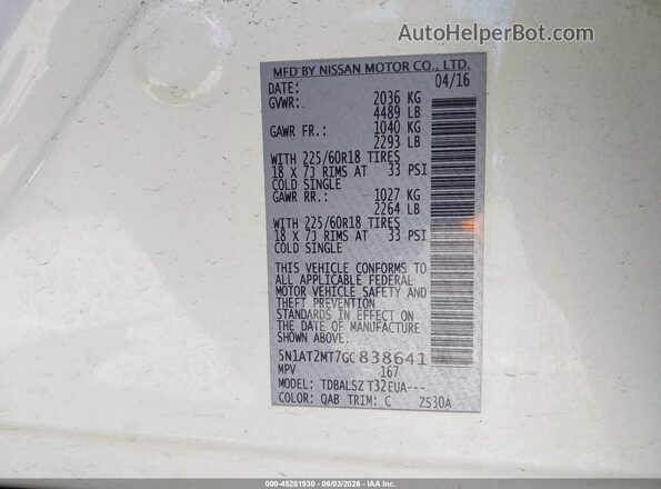 5N1AT2MT7GC838641 2016 NISSAN ROGUE White 