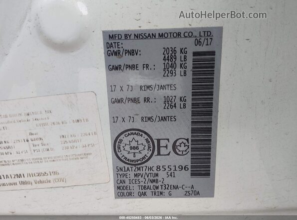5N1AT2MT7HC855196 2017 NISSAN ROGUE White Շարժիչի բաժամունքի տեսք