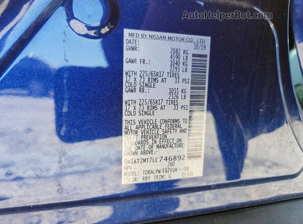5N1AT2MT7LC746892 2020 NISSAN ROGUE Blue VIN კოდის სტიკერის ხედი