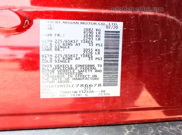 5N1AT2MT7LC786678 2020 NISSAN ROGUE Burgundy Vista de la etiqueta del VIN
