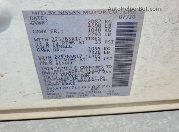 5N1AT2MT7LC816276 2020 NISSAN ROGUE White 