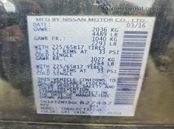 5N1AT2MT8GC827437 2016 NISSAN ROGUE Black Вид наклейки з VIN-кодом
